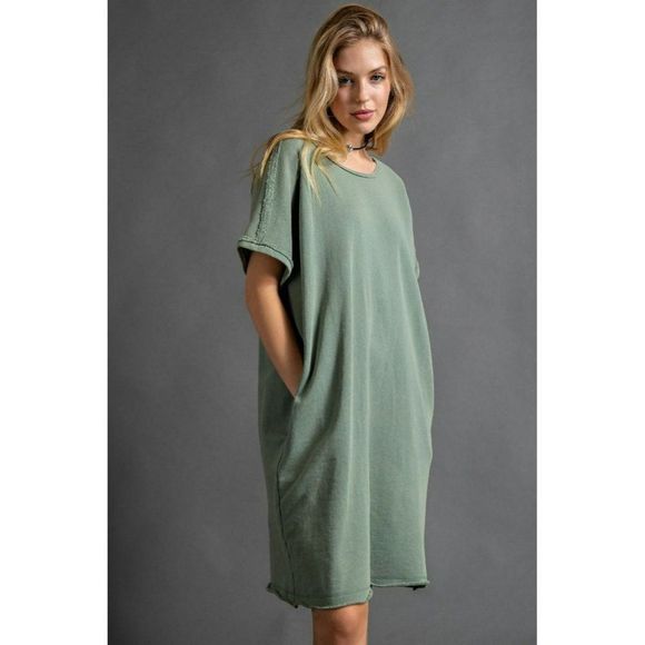 Easel Oversized Mineral Washed Terry Boxy Dress in Juniper Green New - Picture 4 of 5